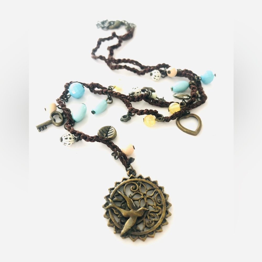⭐️5 for $25 - Bird in flight necklace - Bird necklace - avian - blue and bronze